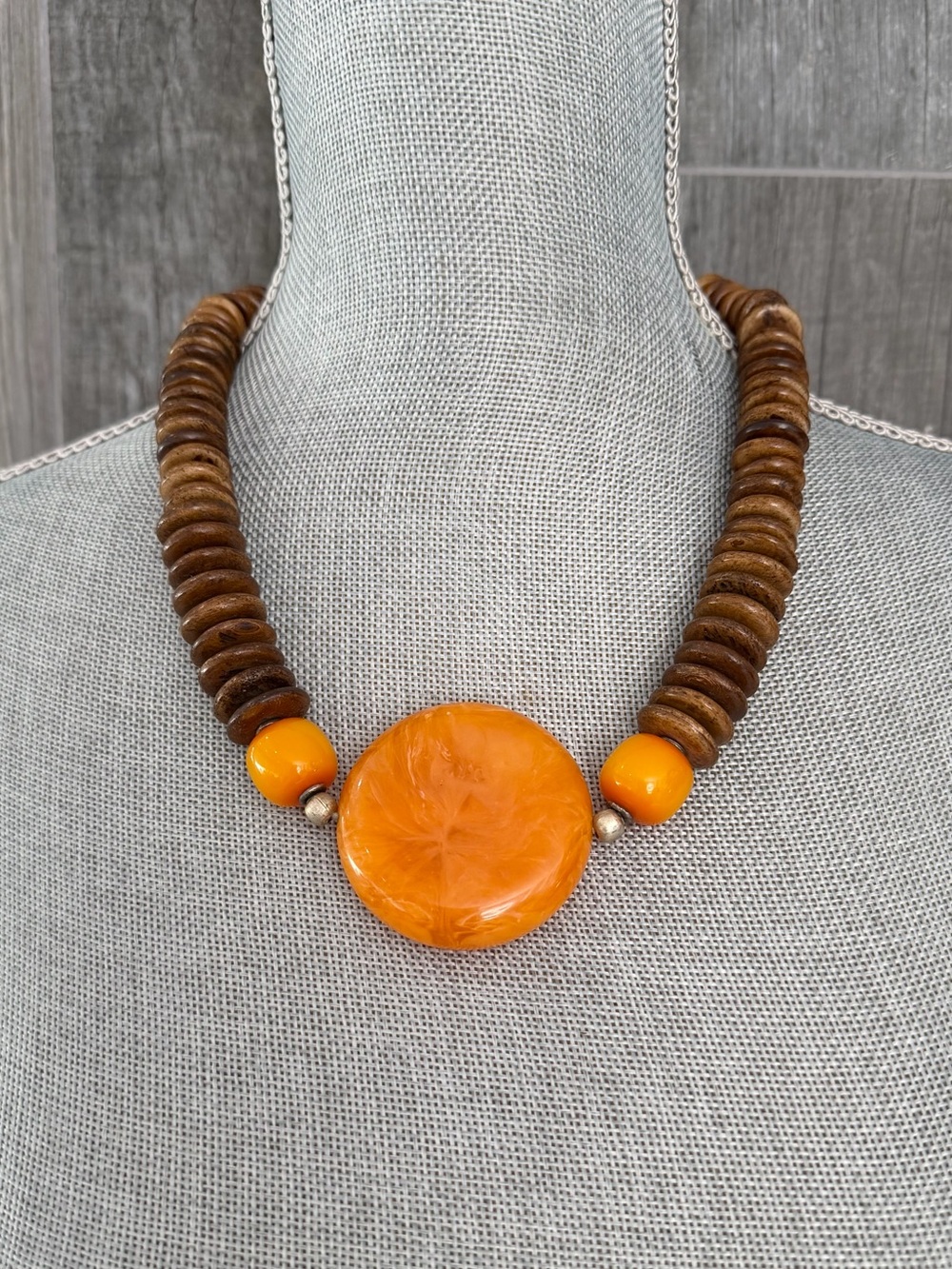 Vintage Inspired Butterscotch & Wood Disc Beaded Necklace